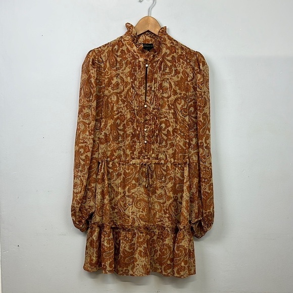 House of Harlow 1960 Paisley Orange/Tan Drawstring Waist Dress Sz 8 - Picture 3 of 11